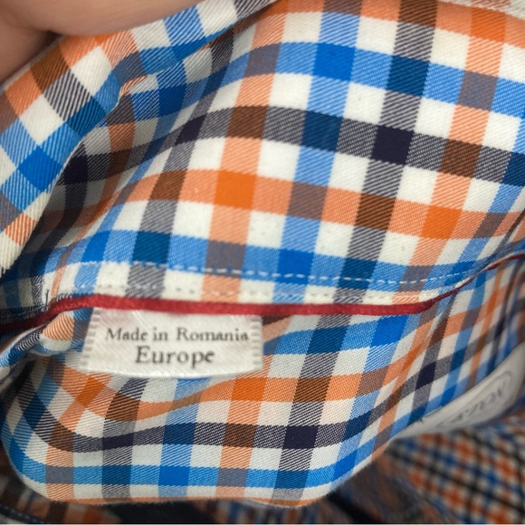 Eton Shirt Slim Mens 16.5 Slim Fit Large 42 Blue Red Plaid 100% Cotton - Picture 9 of 11